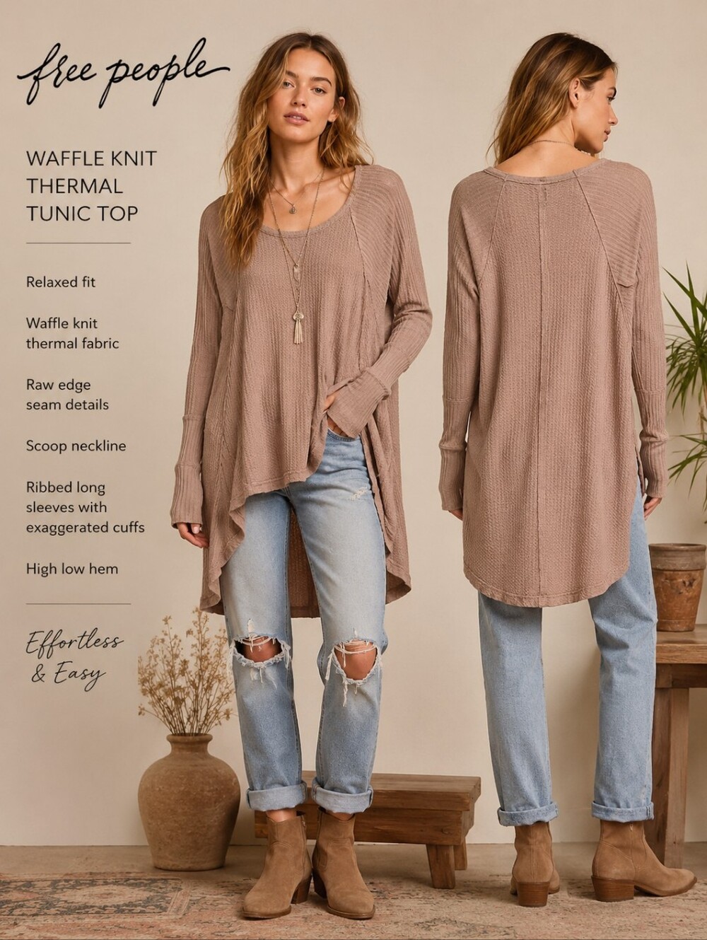 Free People Waffle Knit Thermal Tunic Top Mauve Taupe Oversized Boho Long Sleeve